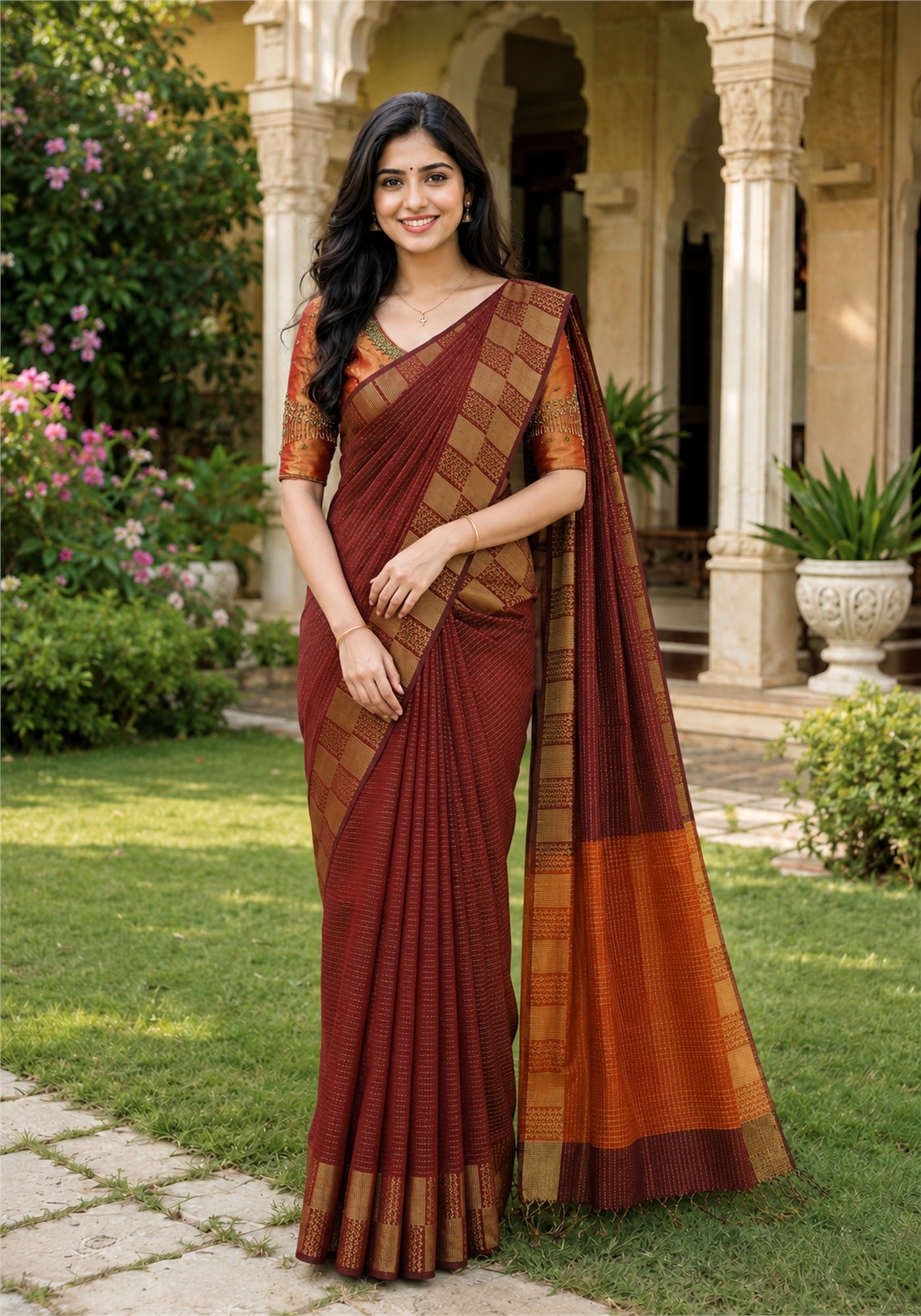 Fancy Saree Rust Orange Wine Maroon Checked Border - KSS-1-8002 - view 1